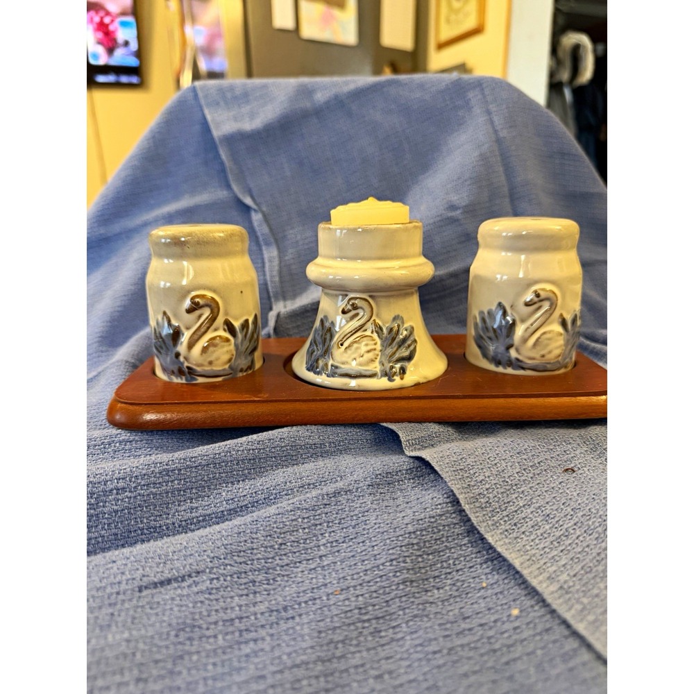 Swan Ceramic Salt & Pepper Shakers Set w/ Candle Holder and Wooden Stand